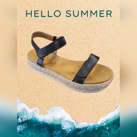 Sun + Stone SZ 8.5 Black Strappy 1.9" Platform Espadrille Loop & Hook Closure - Picture 1 of 9